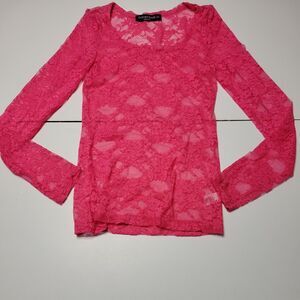 Together Womens Small Blouse Pink Floral Long Sleeve Scoop Neck Stretch Sheer